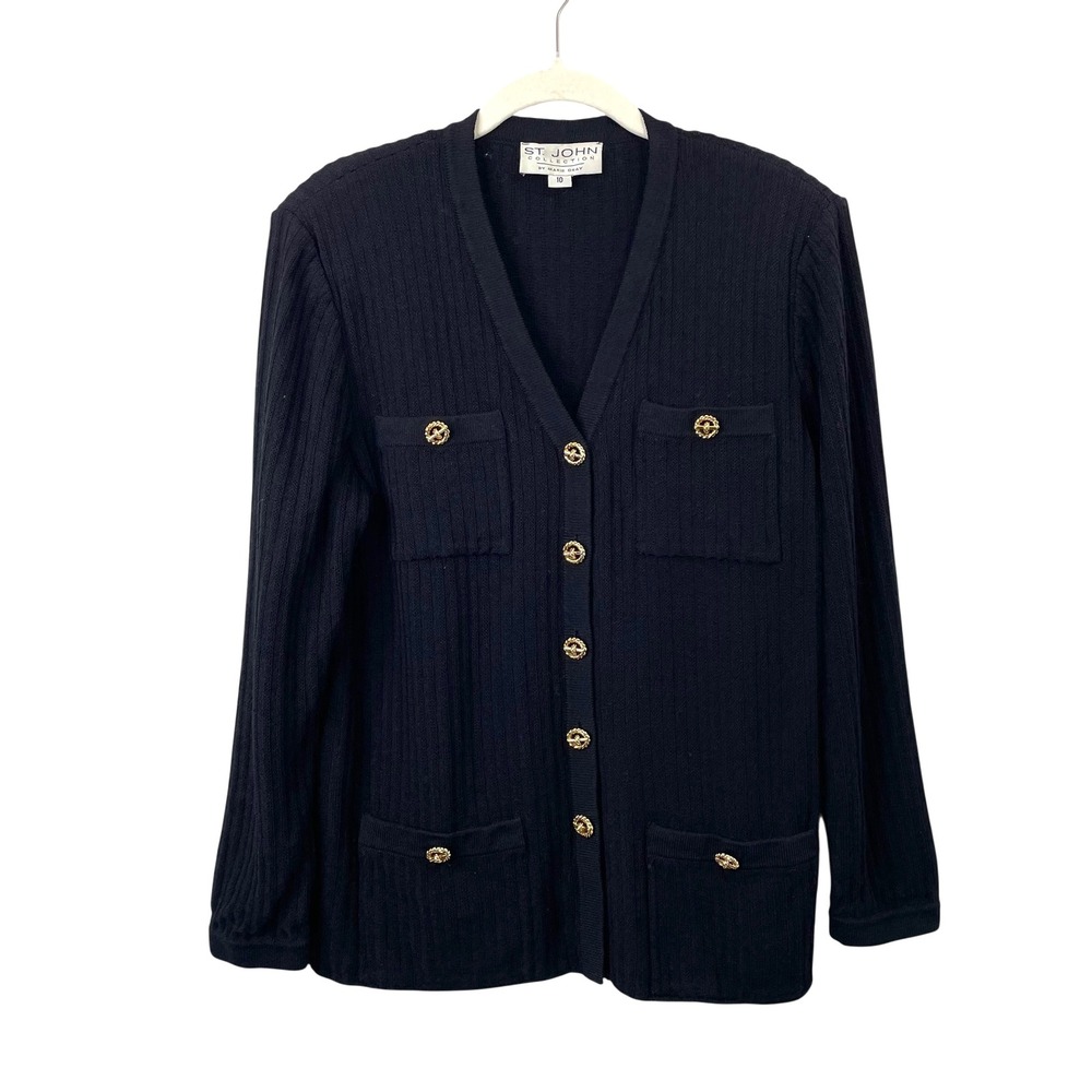 St. John Santana knit ribbed metal button up cardigan‎ sweater Size 10 black